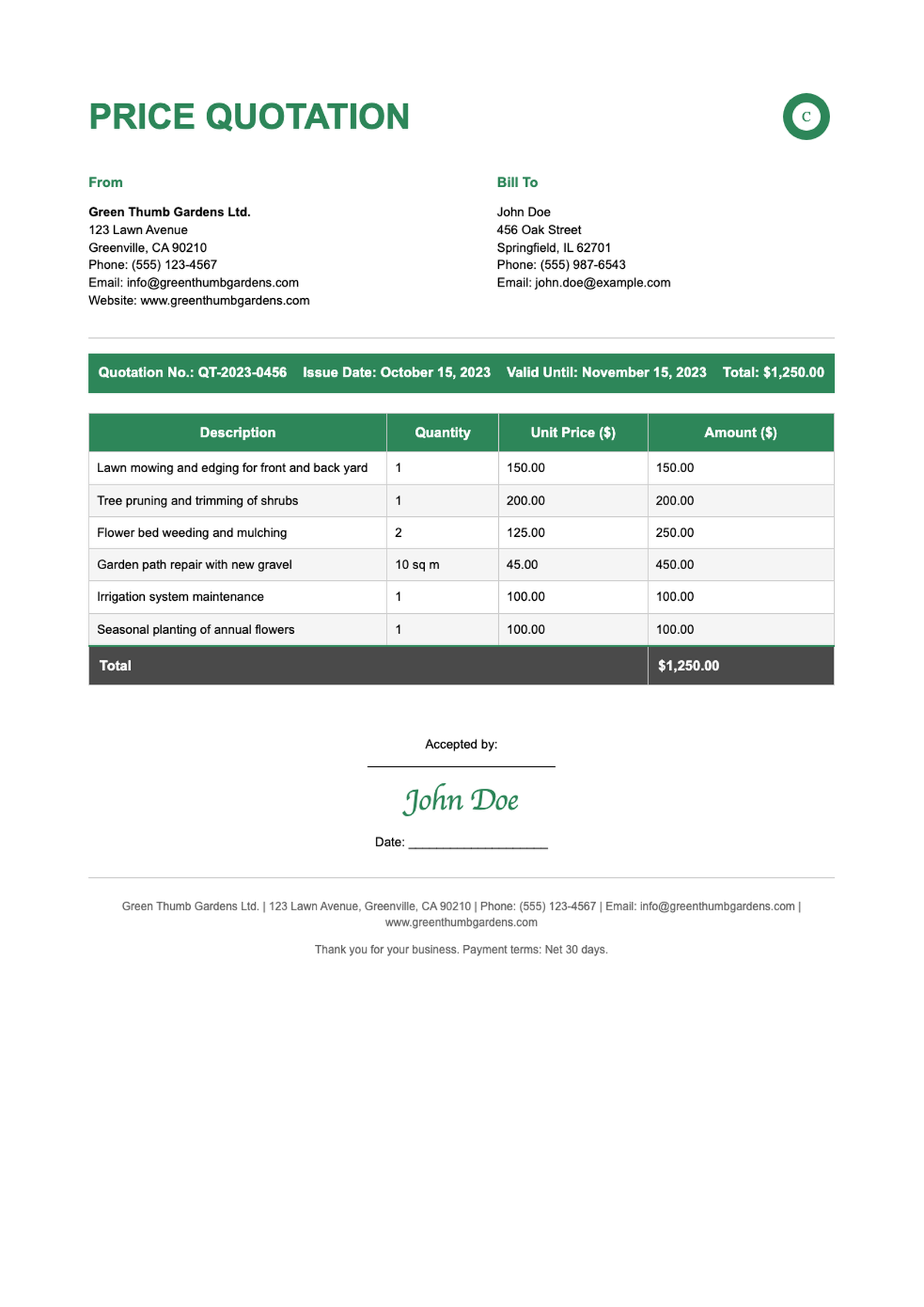 Professional garden repair quote with green header and signature_variant_1